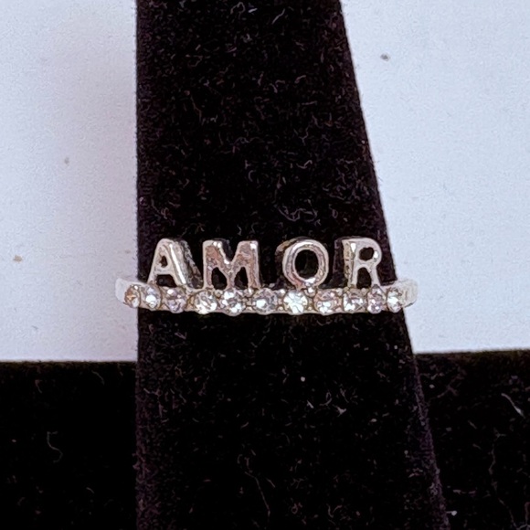 Jewelry - Silver Tone 'AMOR' Ring with Crystals Size 8